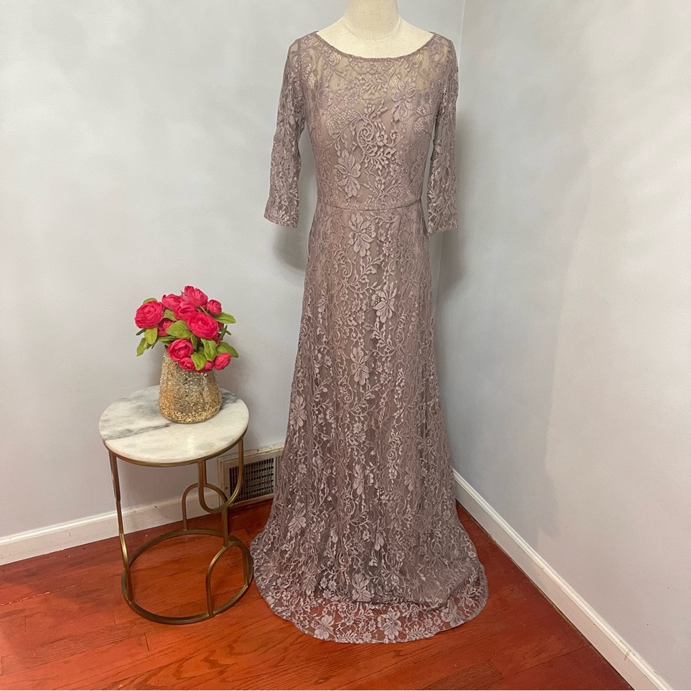 La Femme Floral Lace A-Line Gown In Cocoa Color- New With Tag- Size 6 - Reemoly
